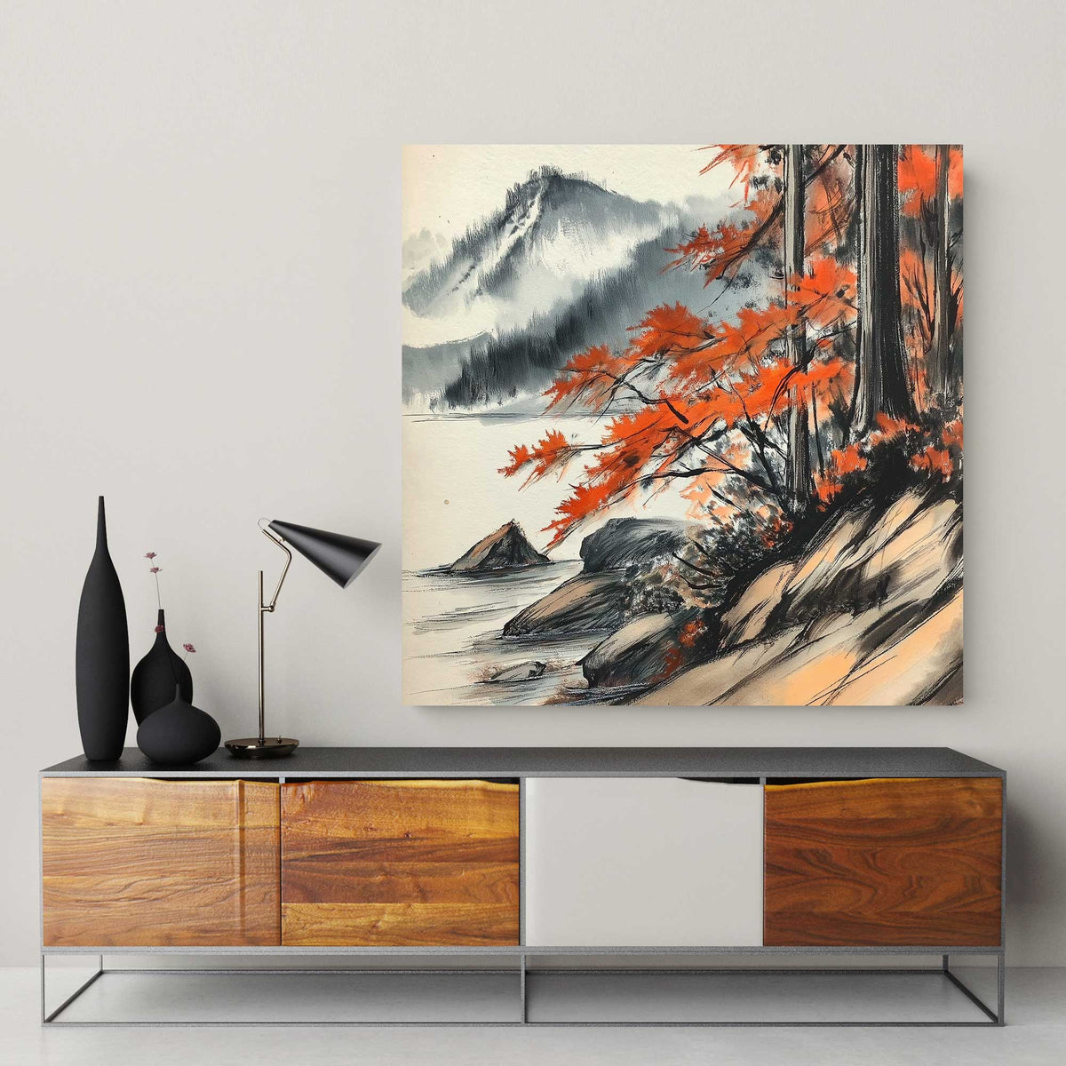 Serene Japanese ink wall art print of a mountain lake with vibrant red autumn foliage