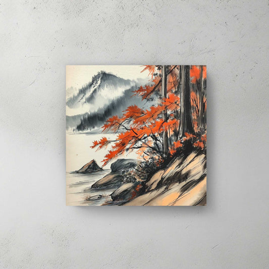 Serene Japanese ink wall art print of a mountain lake with vibrant red autumn foliage