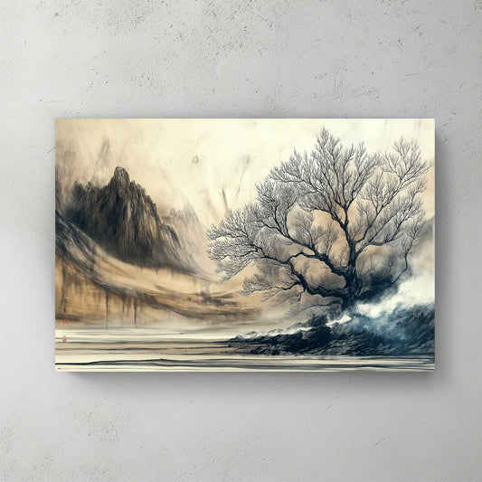 Misty mountain landscape wall art print in ink style