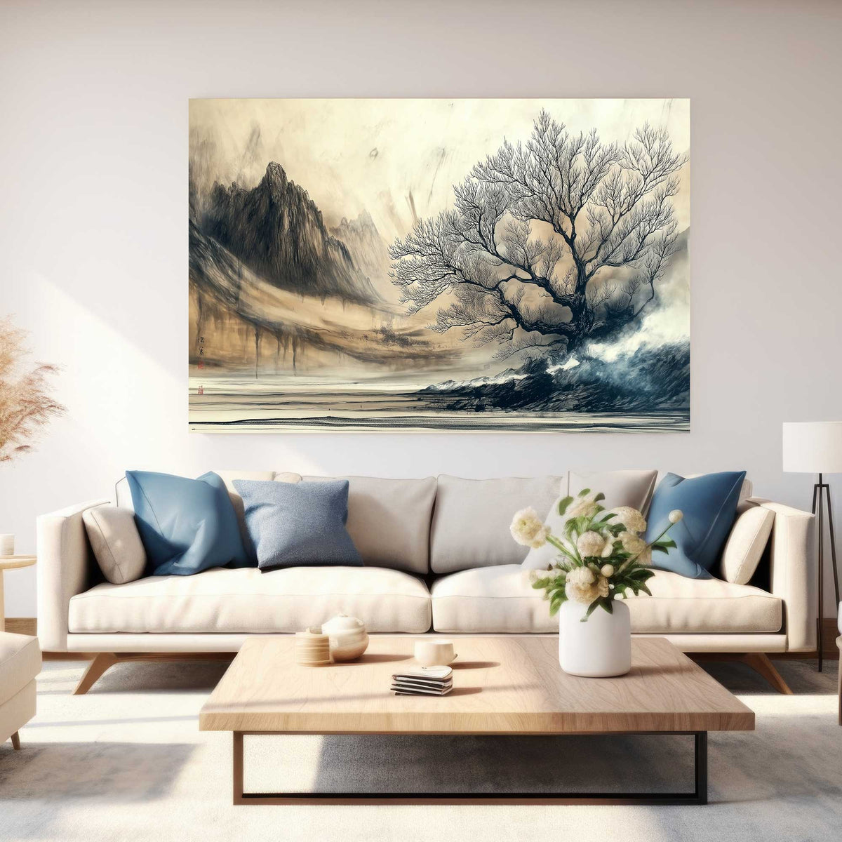 Misty mountain landscape wall art print in ink style