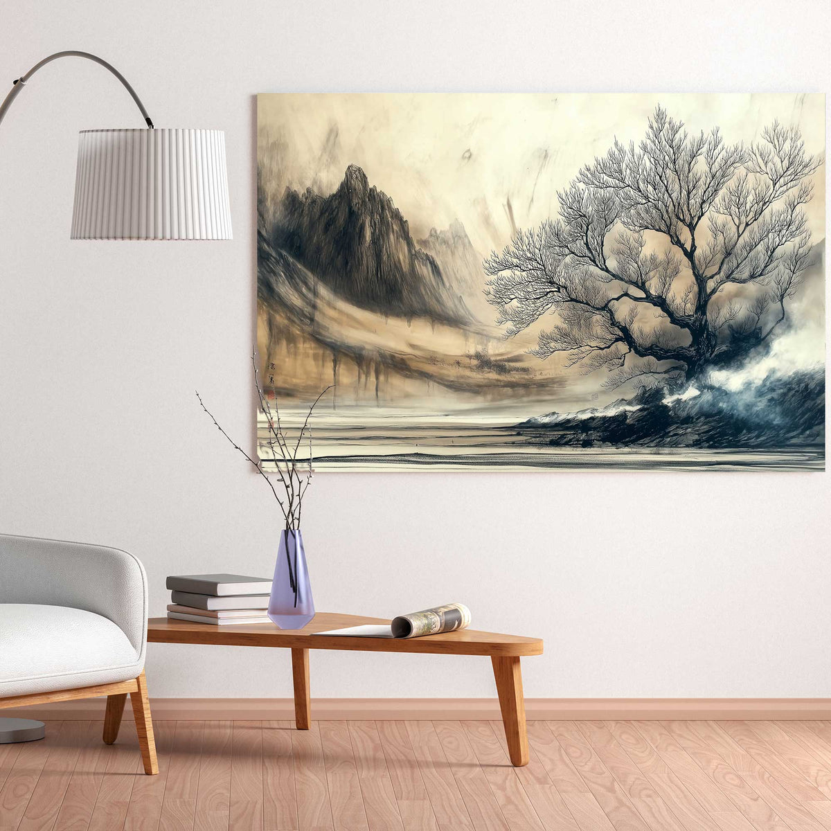 Misty mountain landscape wall art print in ink style
