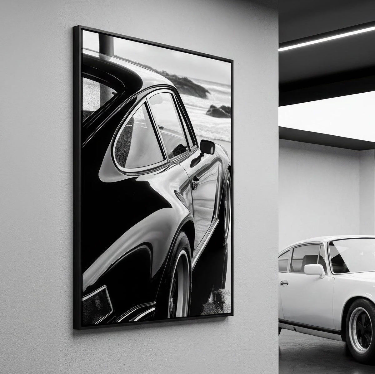 Framed canvas black and white Porsche 911 on a wall 