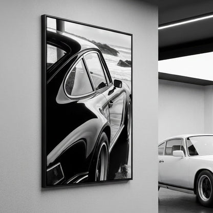 Framed canvas black and white Porsche 911 on a wall 