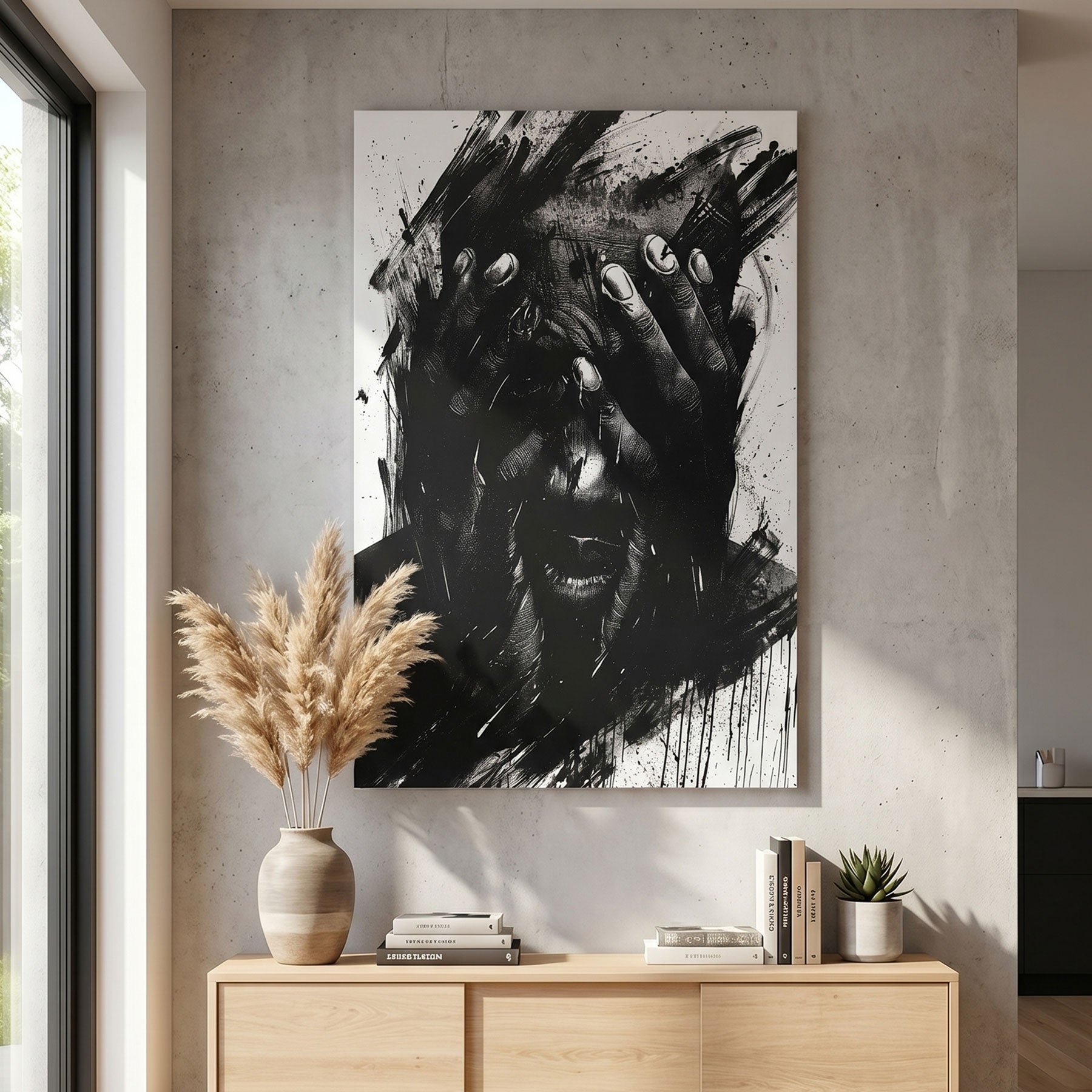 Abstract black and white canvas print on a wall above a wooden cabinet with decorative items.