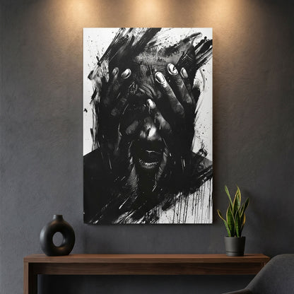 Abstract black and white canvas print on a wall above a wooden console table with decorative items.