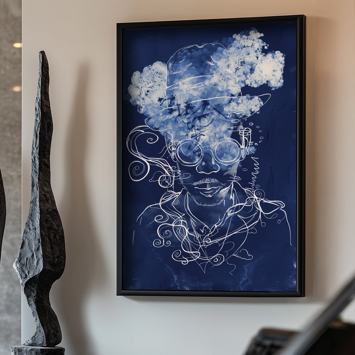 Blue stylized figure of man abstract wall art decor