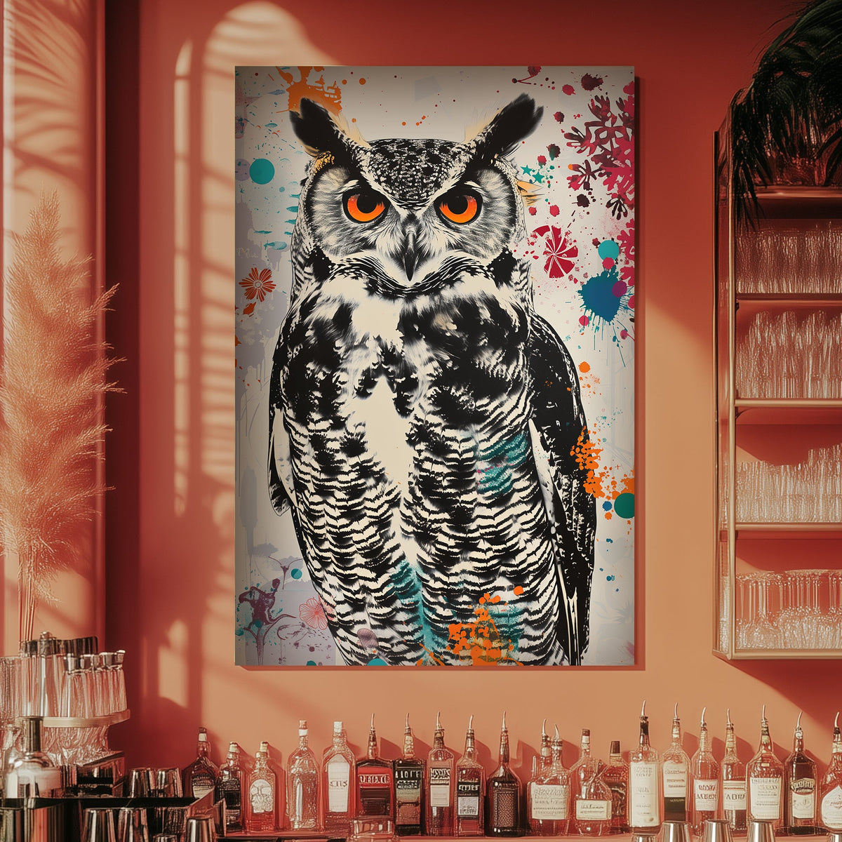 Owl with graffiti splatters wall art print