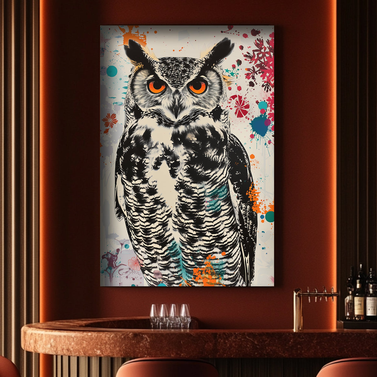 Owl with graffiti splatters wall art print