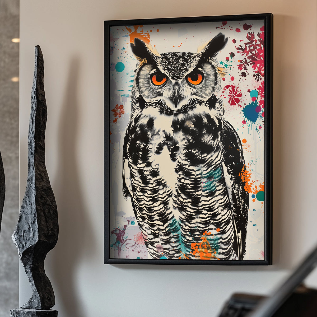 Owl with graffiti splatters wall art print