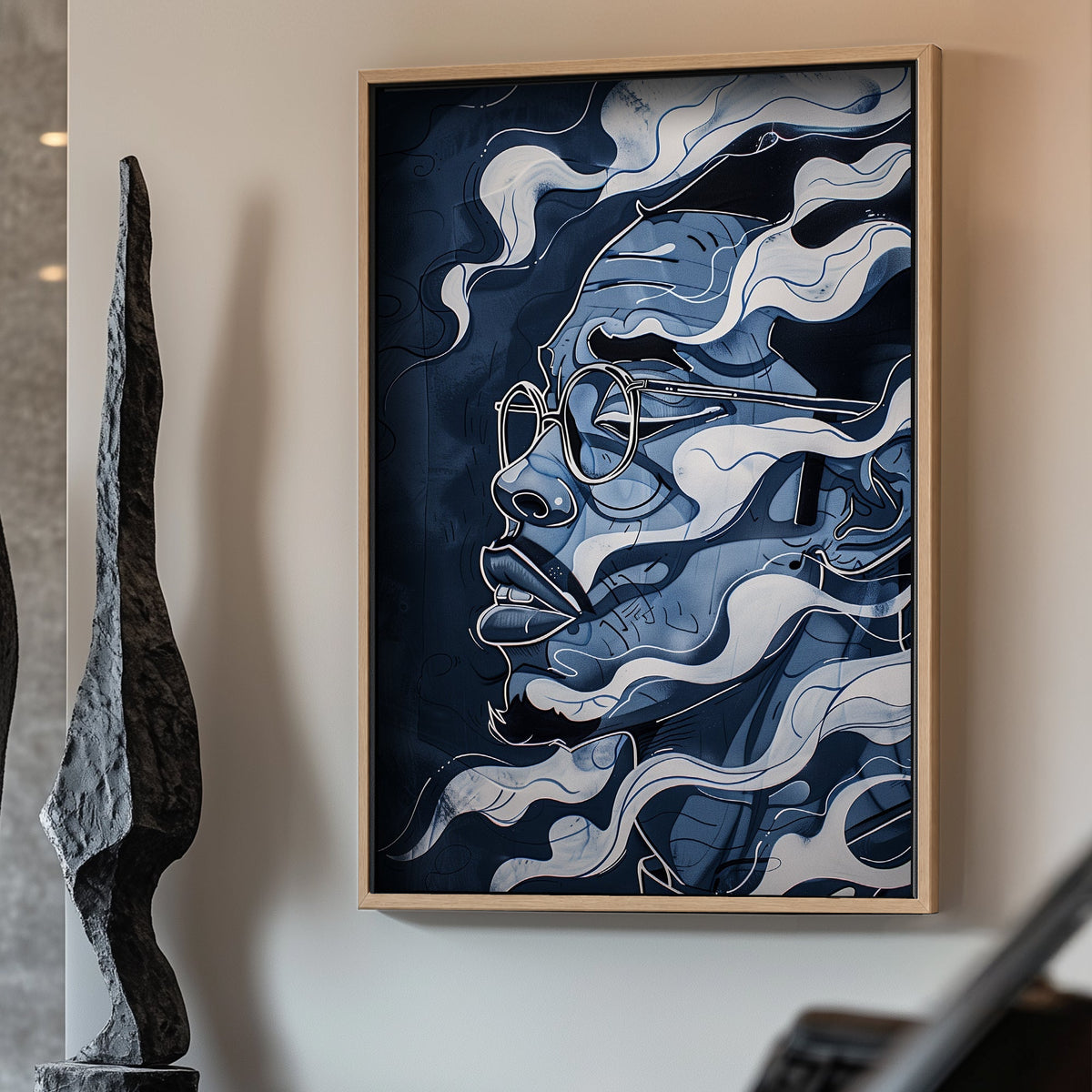 Blue abstract face wall art print