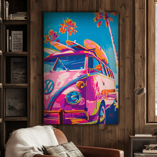 Pink VW bus with surf boards wall art decor