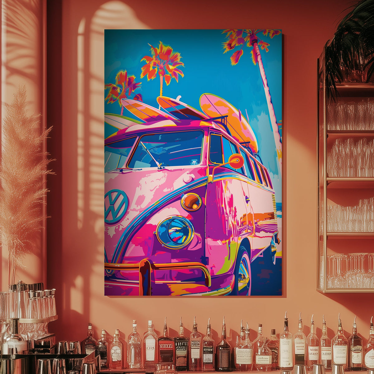 Pink VW bus with surf boards wall art decor
