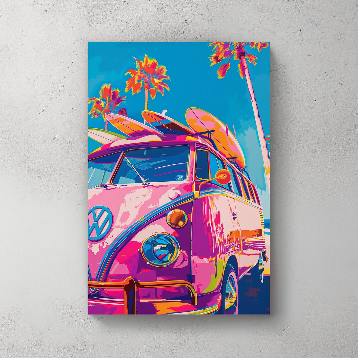Pink VW bus with surf boards wall art decor