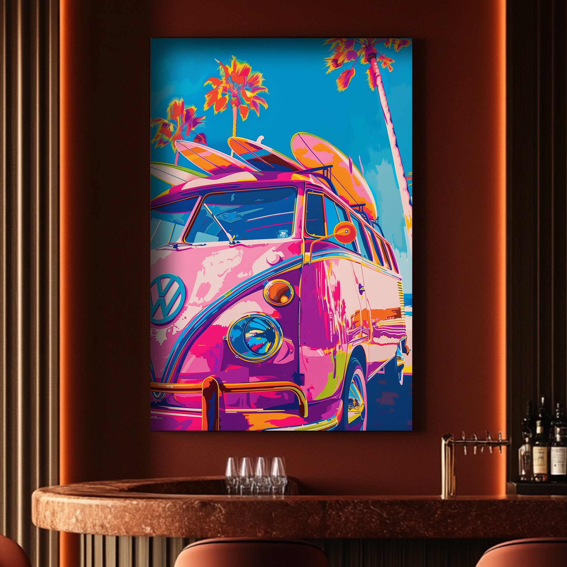 Pink VW bus with surf boards wall art decor