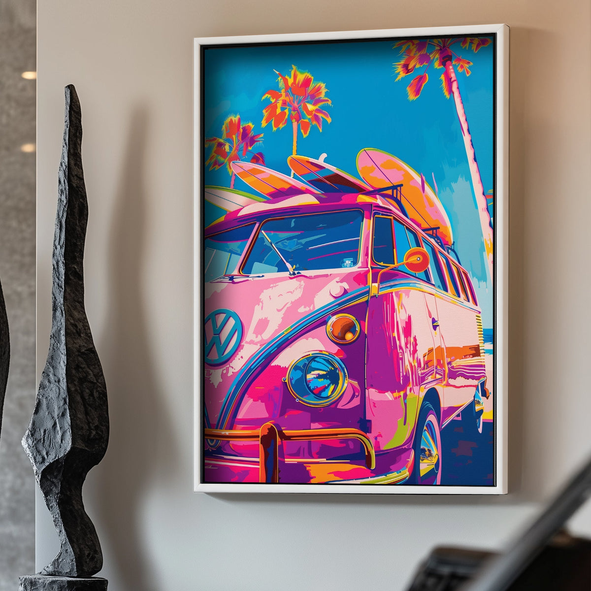 Pink VW bus with surf boards wall art decor