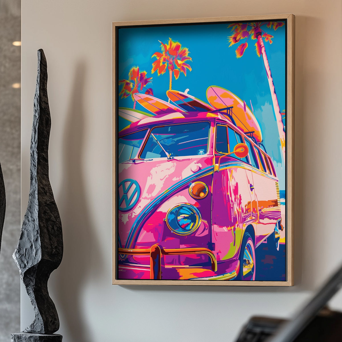 Pink VW bus with surf boards wall art decor