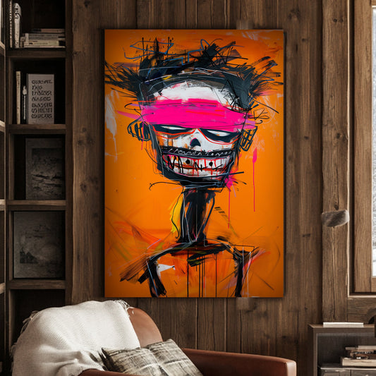 Basquiat skull orange with pink band wall art print