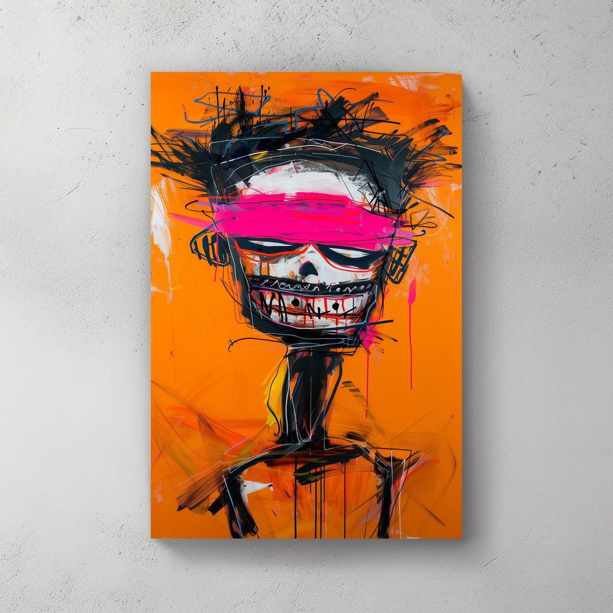 Basquiat skull orange with pink band wall art print