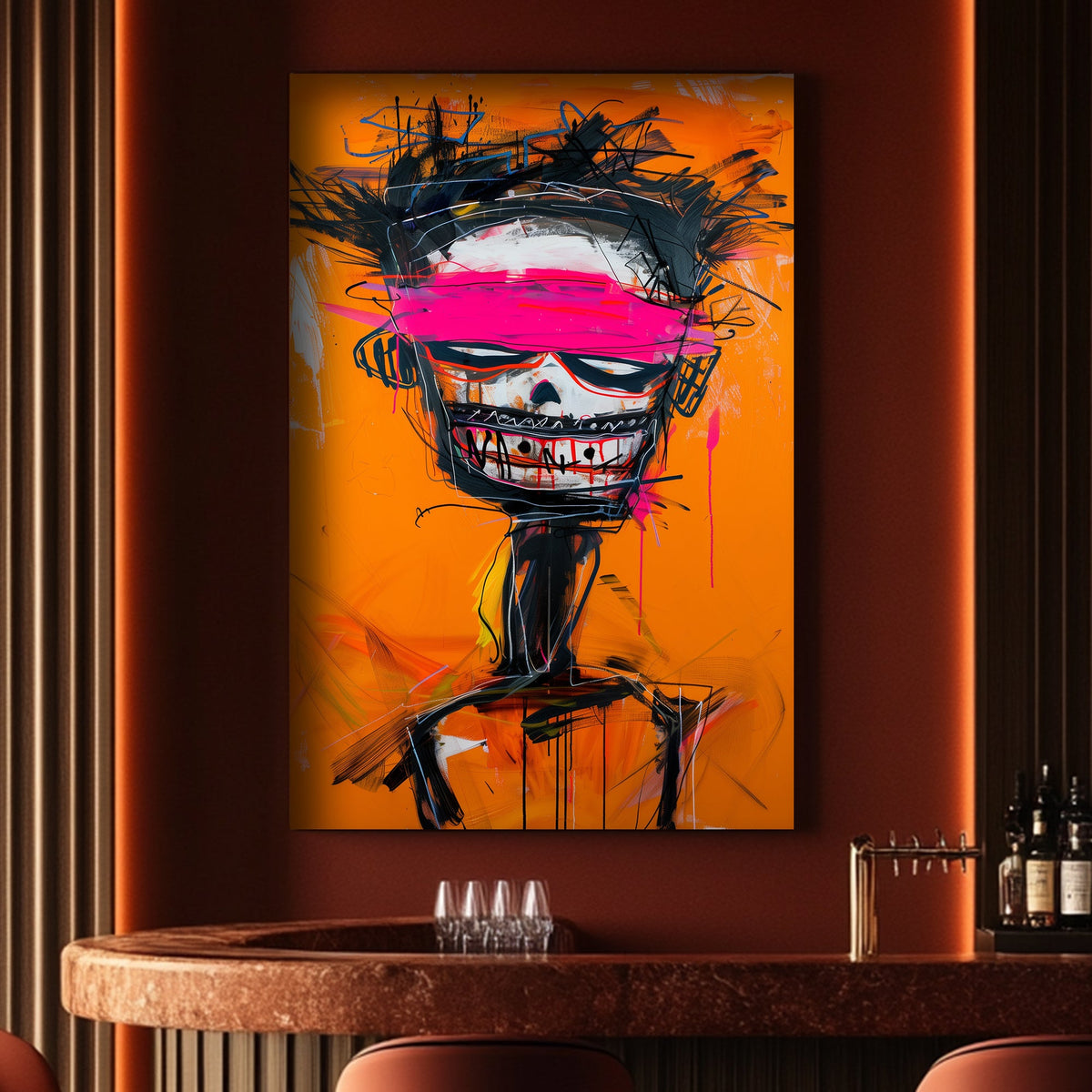 Basquiat skull orange with pink band wall art print