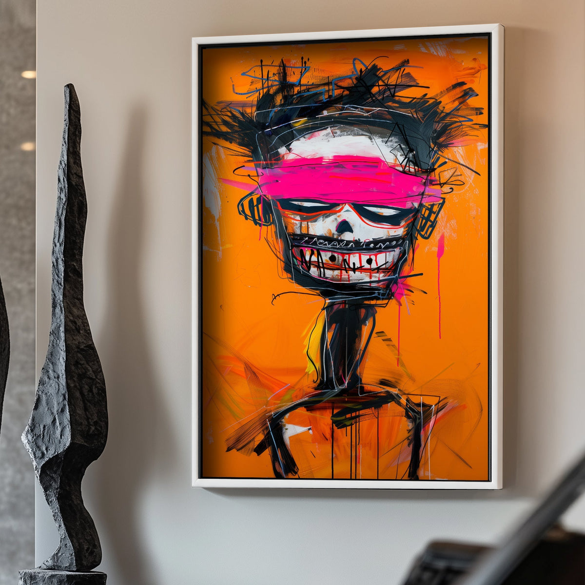 Basquiat skull orange with pink band wall art print