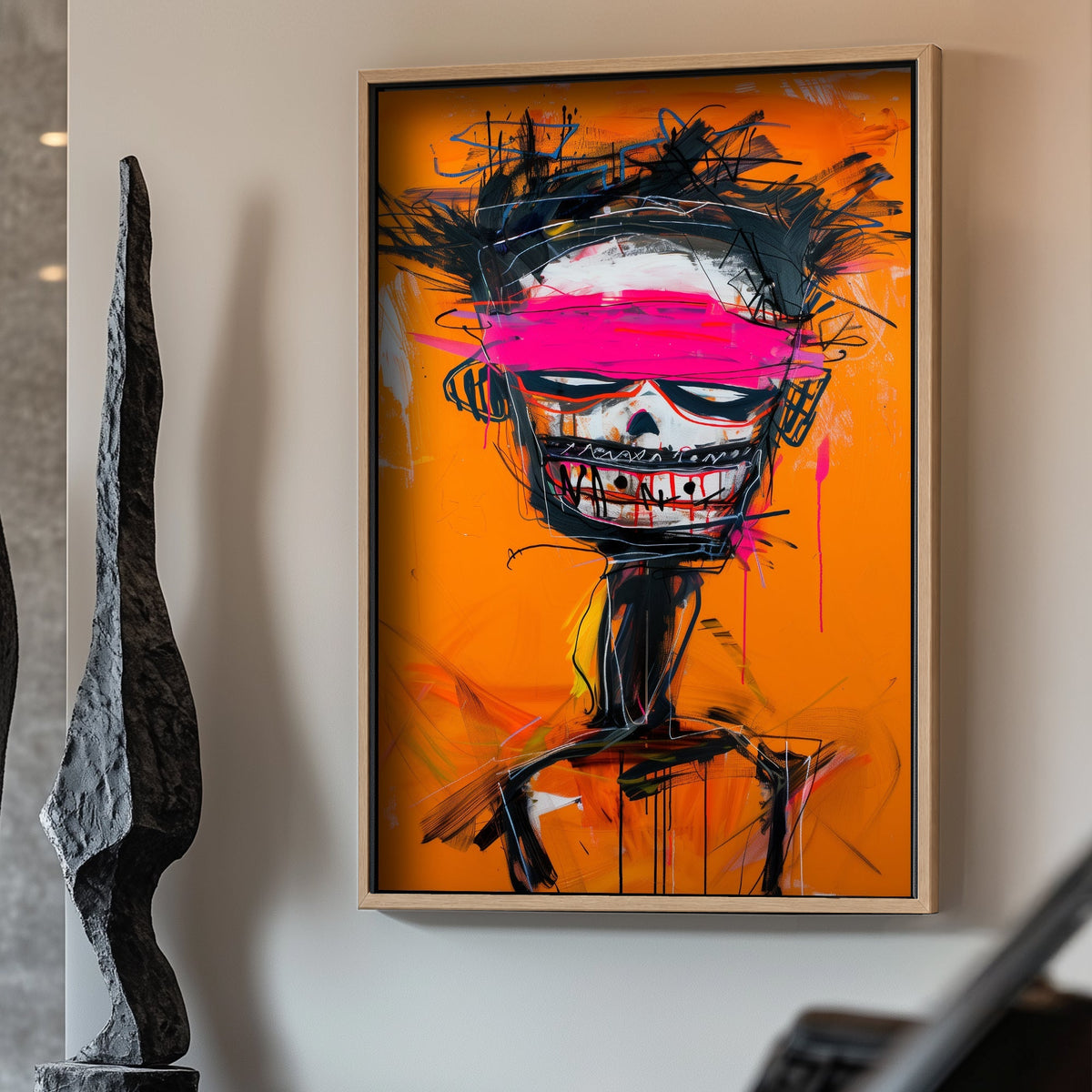 Basquiat skull orange with pink band wall art print
