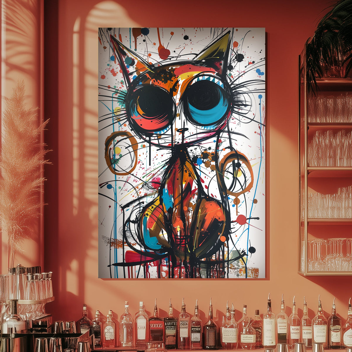 Vibrant funky cat painting wall art decor