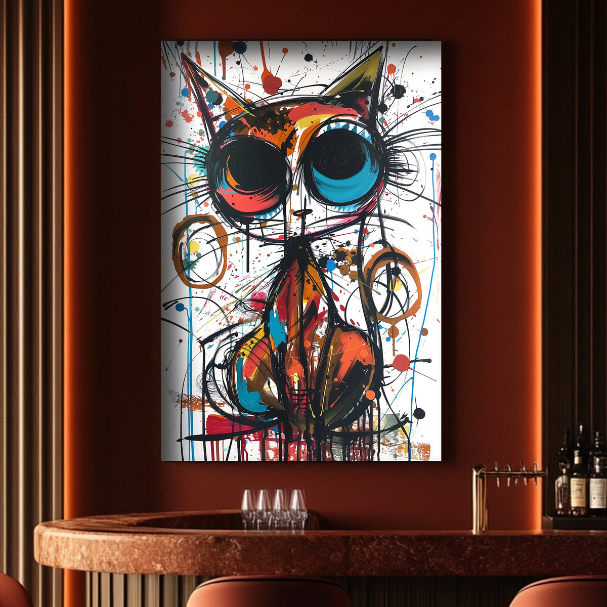 Vibrant funky cat painting wall art decor