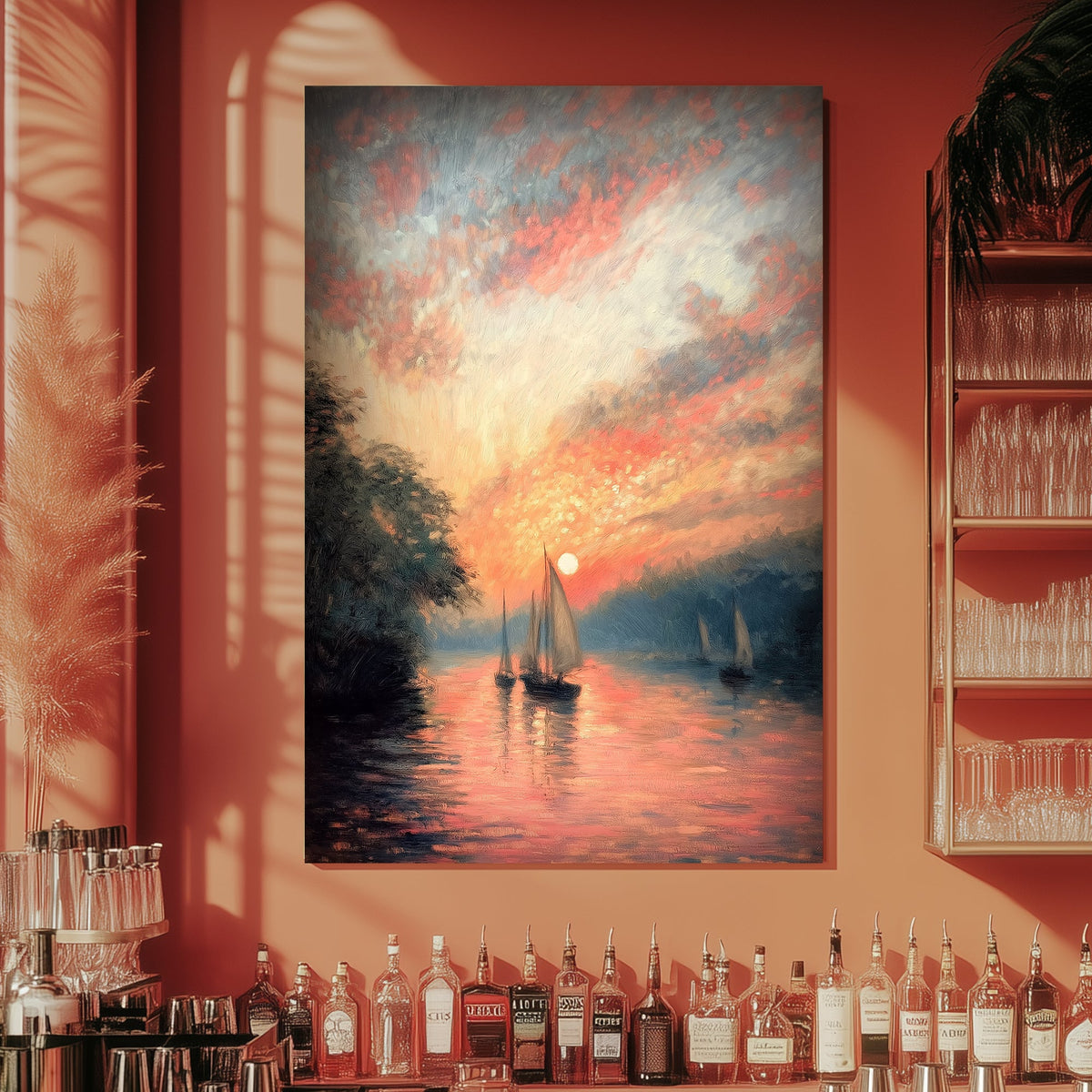 Sailboats sailing at sunset wall art print