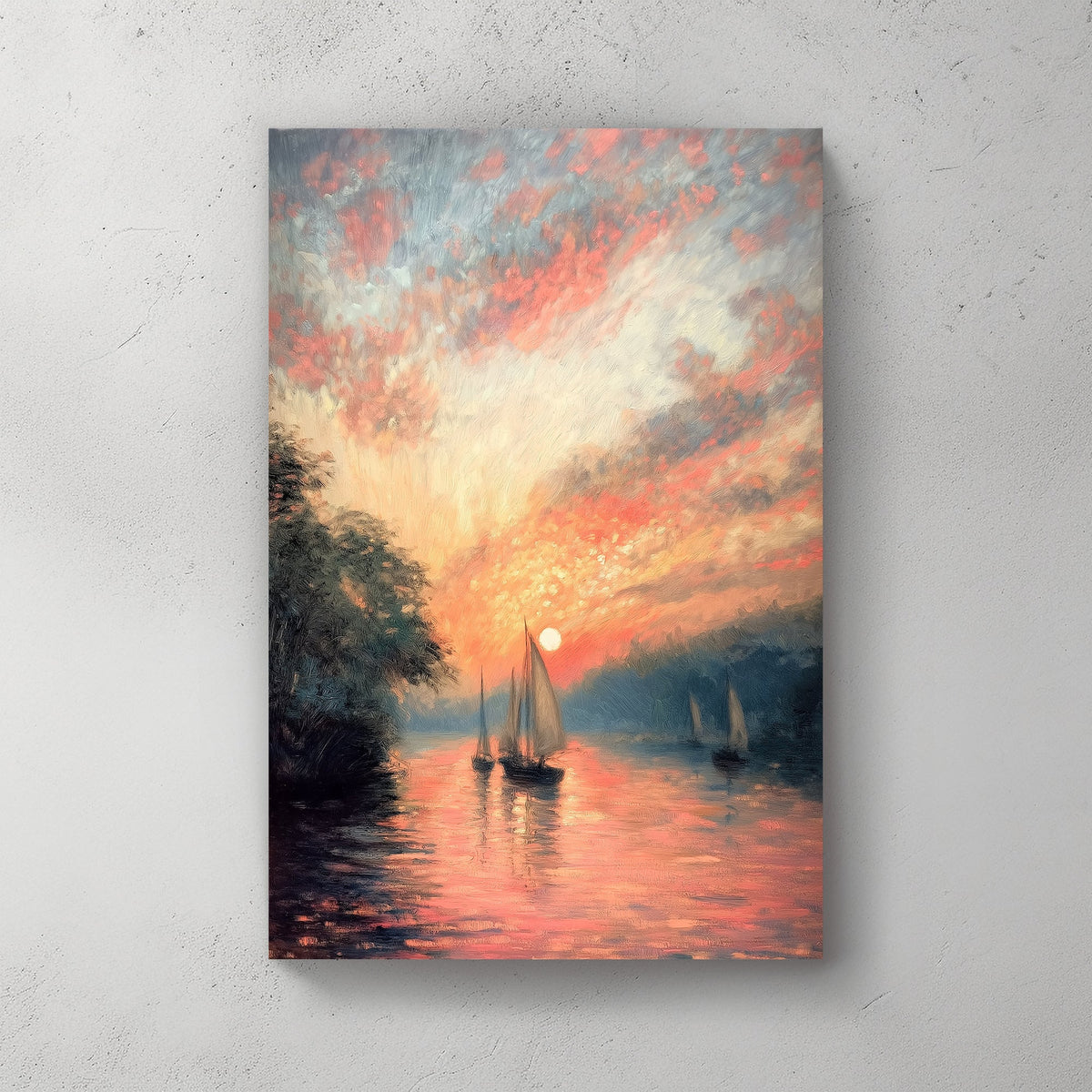 Sailboats sailing at sunset wall art print