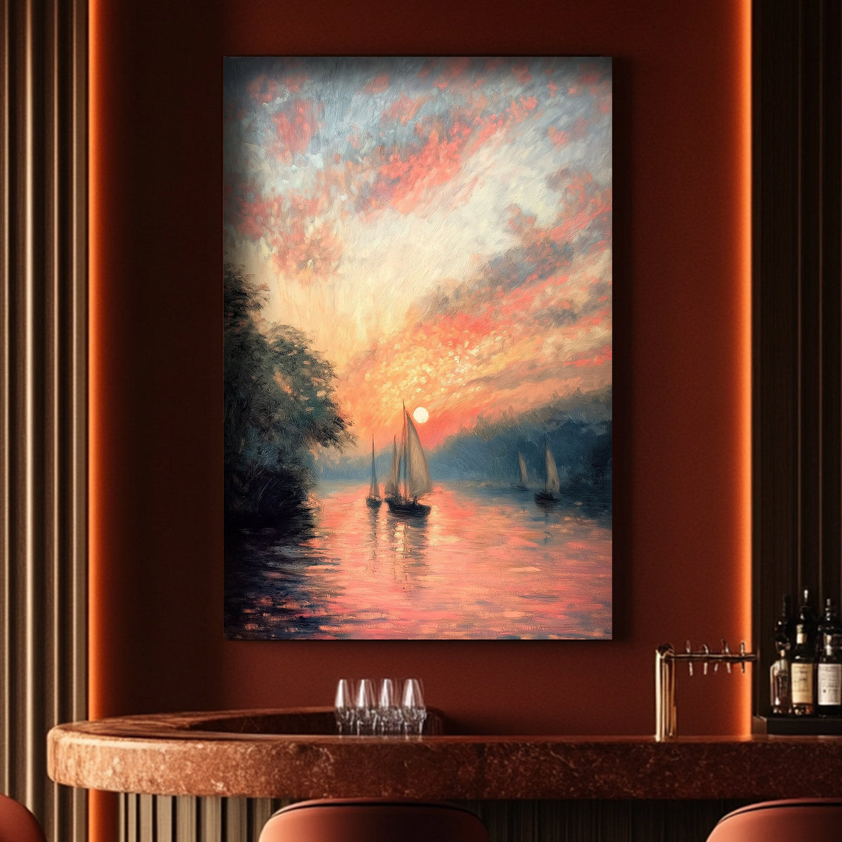 Sailboats sailing at sunset wall art print