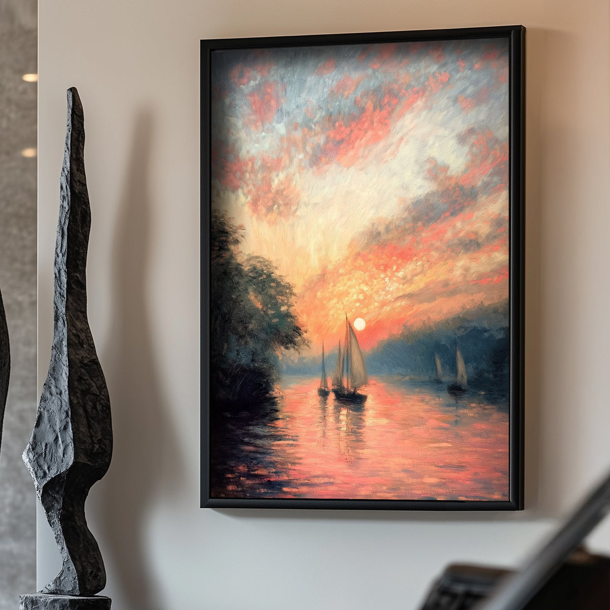 Sailboats sailing at sunset wall art print