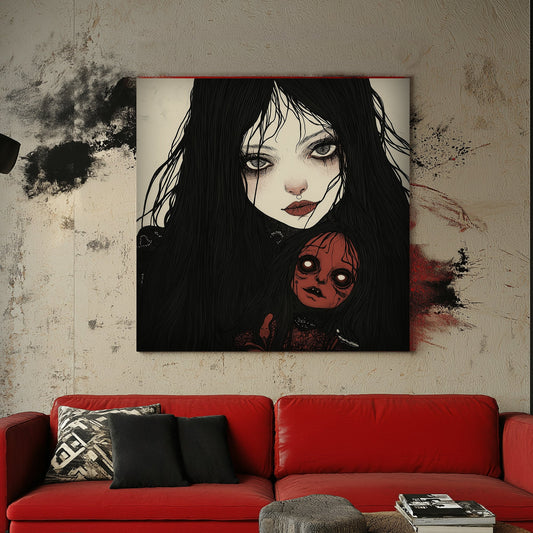 Creepy doll and girl illustration wall decor