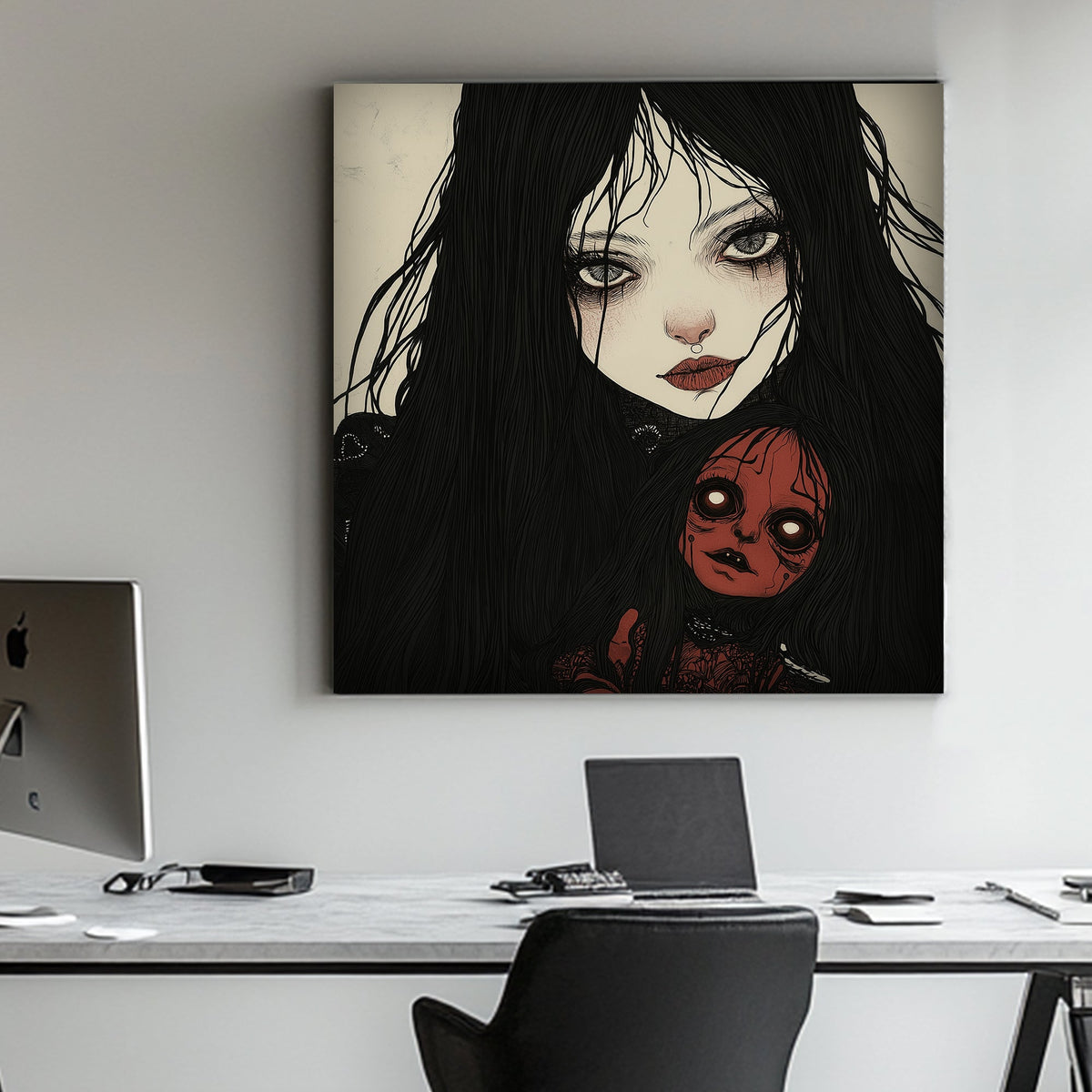 Creepy doll and girl illustration wall decor