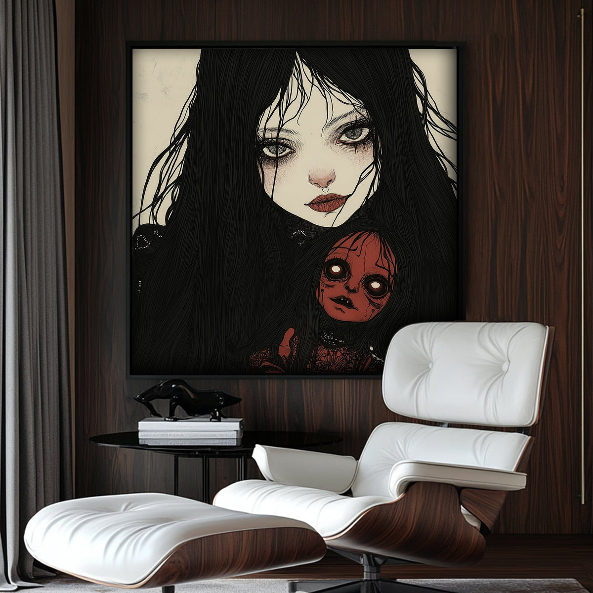 Creepy doll and girl illustration wall decor