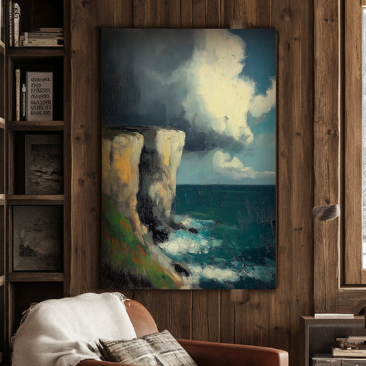 Impressionist seascape with stormy clouds and cliffs wall art decor