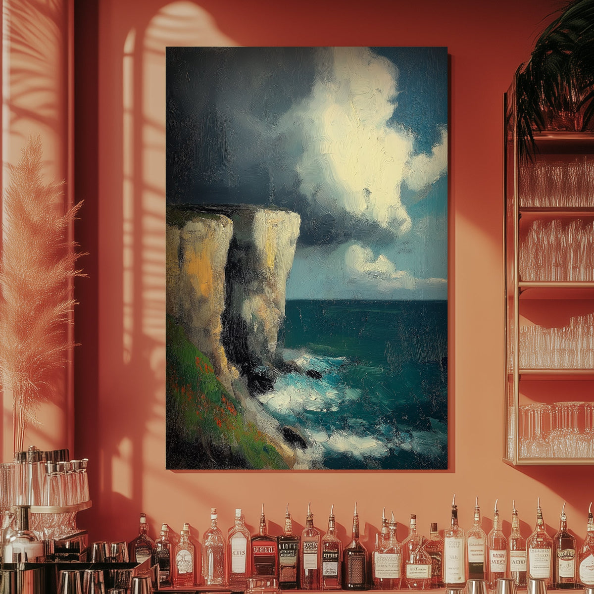 Impressionist seascape with stormy clouds and cliffs wall art decor
