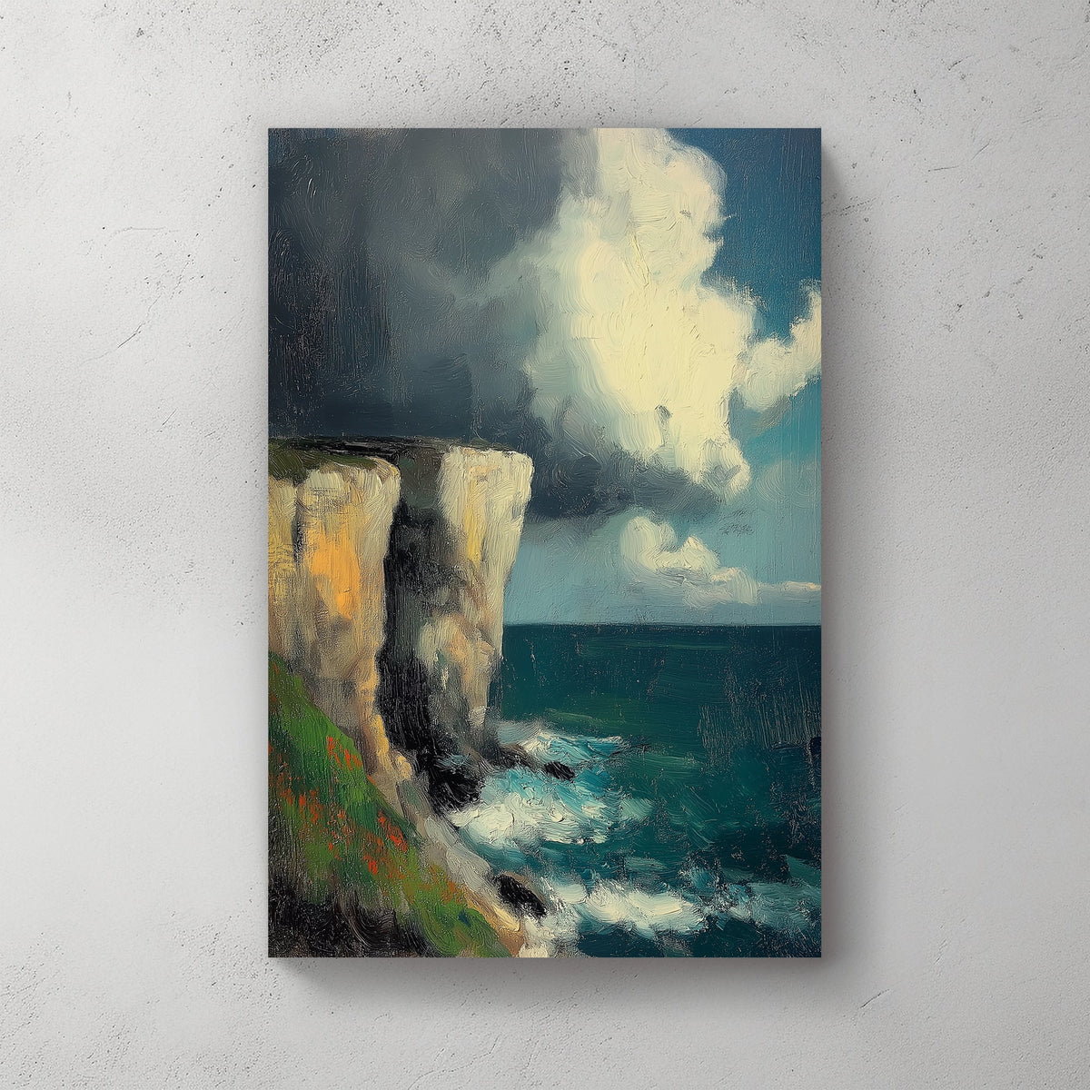 Impressionist seascape with stormy clouds and cliffs wall art decor