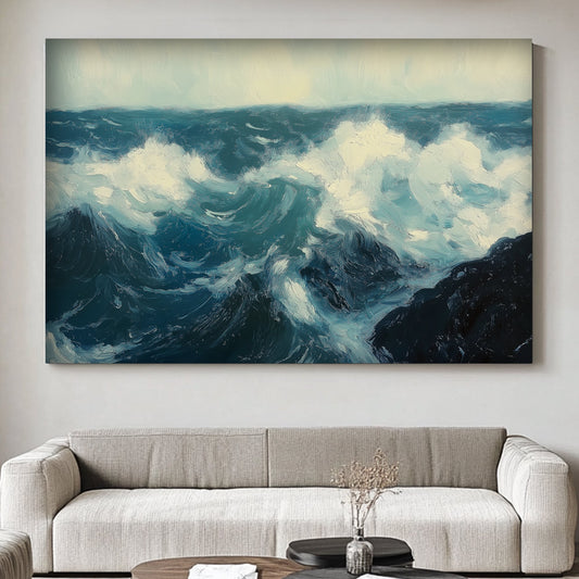 Expressive ocean waves wall art print with deep blues and whites