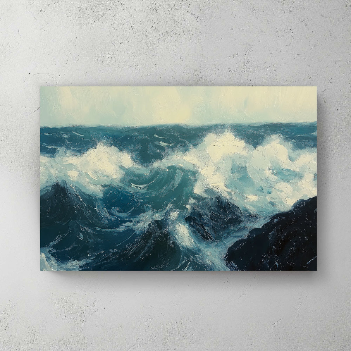Expressive ocean waves wall art print with deep blues and whites