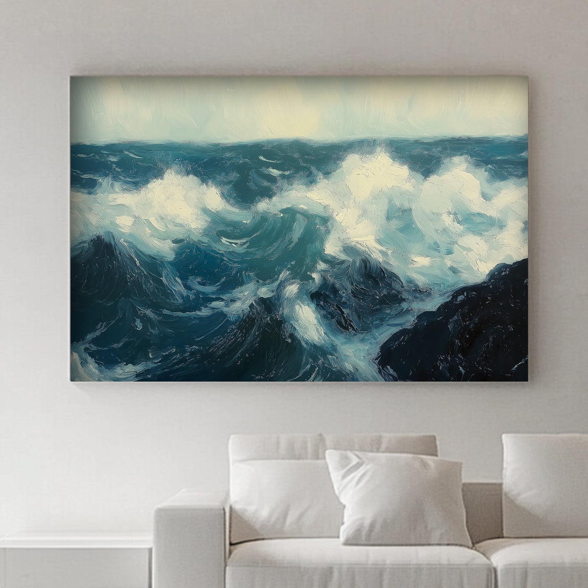 Expressive ocean waves wall art print with deep blues and whites