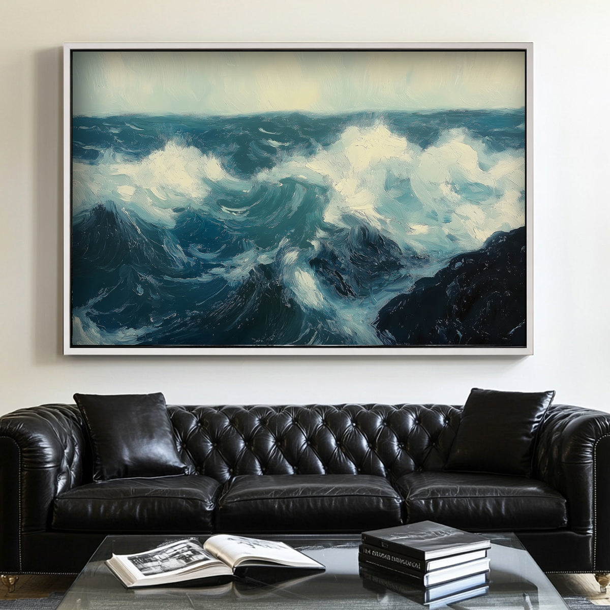 Expressive ocean waves wall art print with deep blues and whites