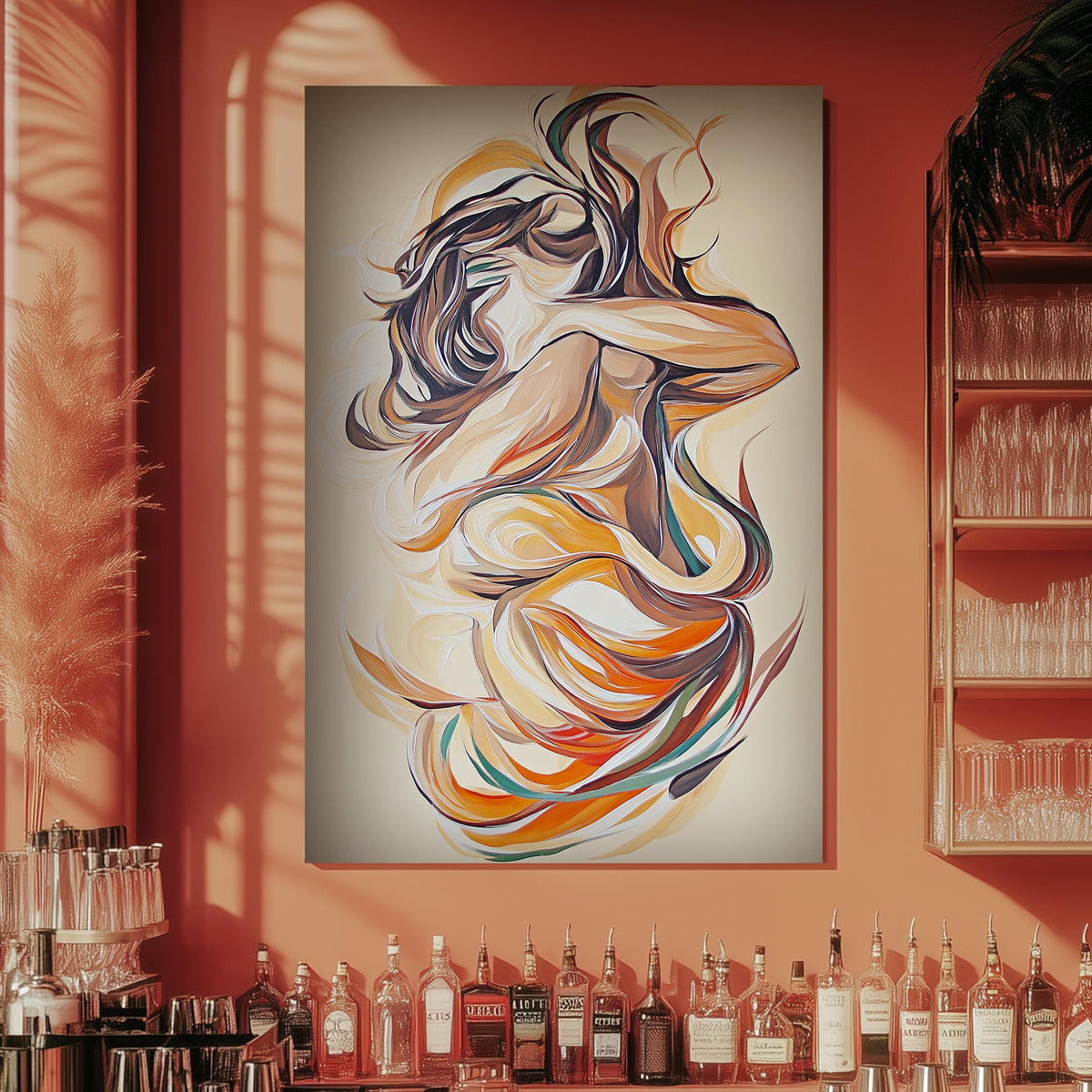 Modern abstract art featuring wave-like forms in orange and brown