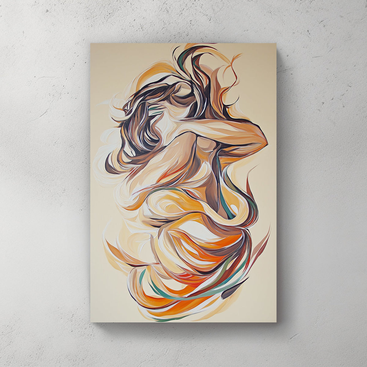 Modern abstract art featuring wave-like forms in orange and brown