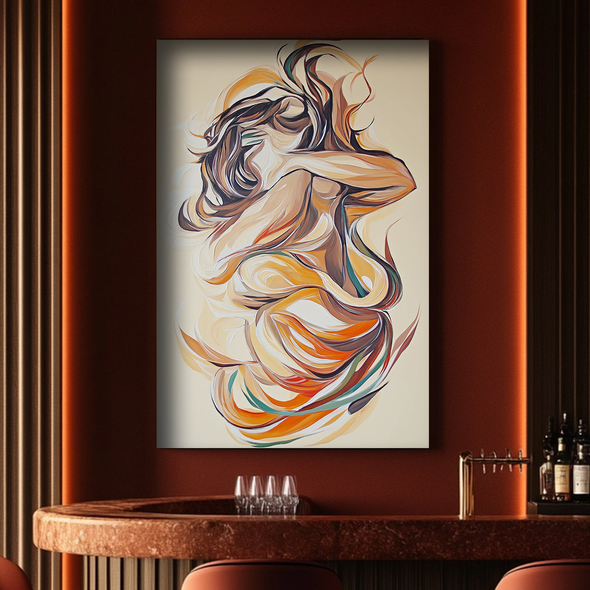 Modern abstract art featuring wave-like forms in orange and brown
