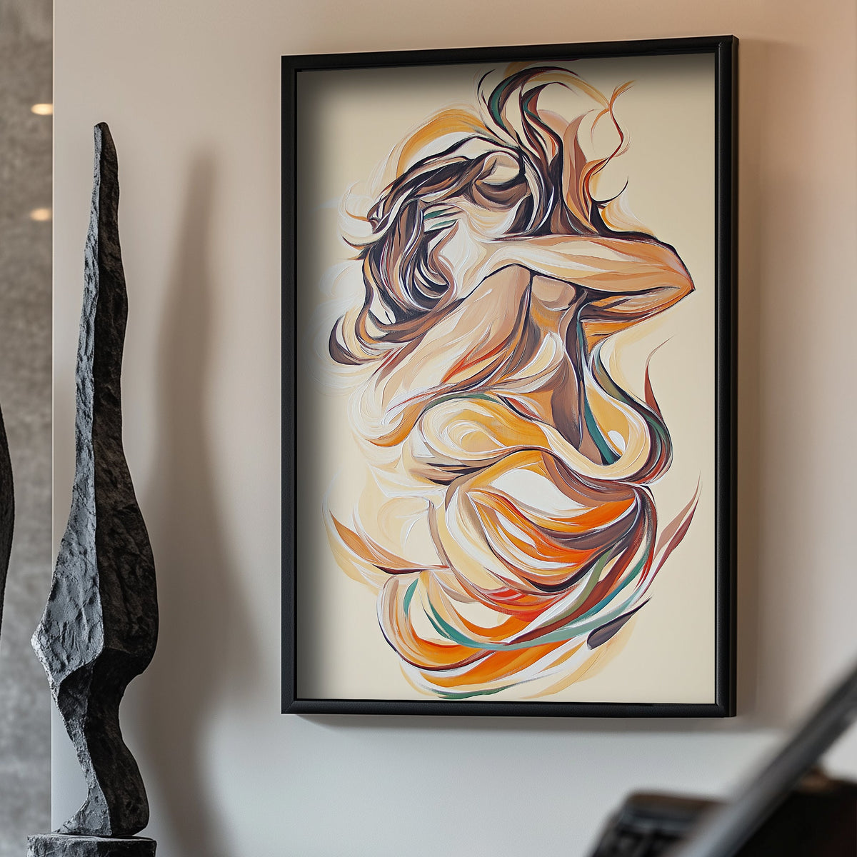Modern abstract art featuring wave-like forms in orange and brown