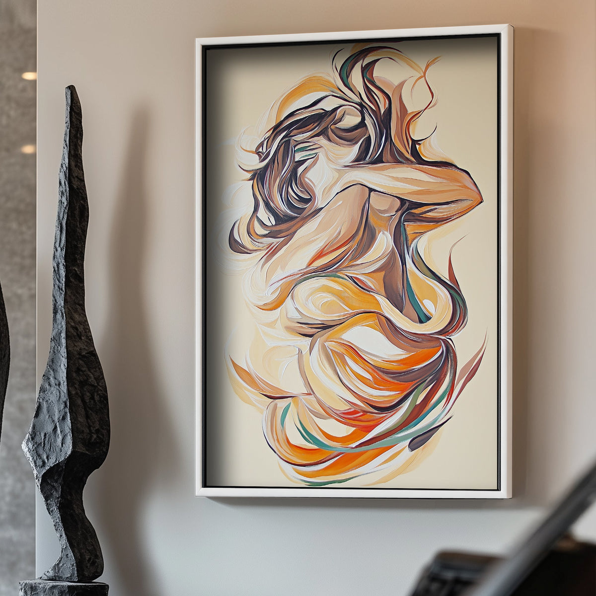 Modern abstract art featuring wave-like forms in orange and brown