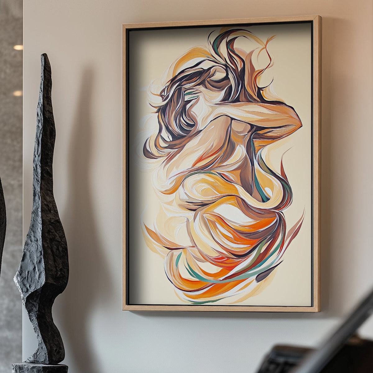 Modern abstract art featuring wave-like forms in orange and brown