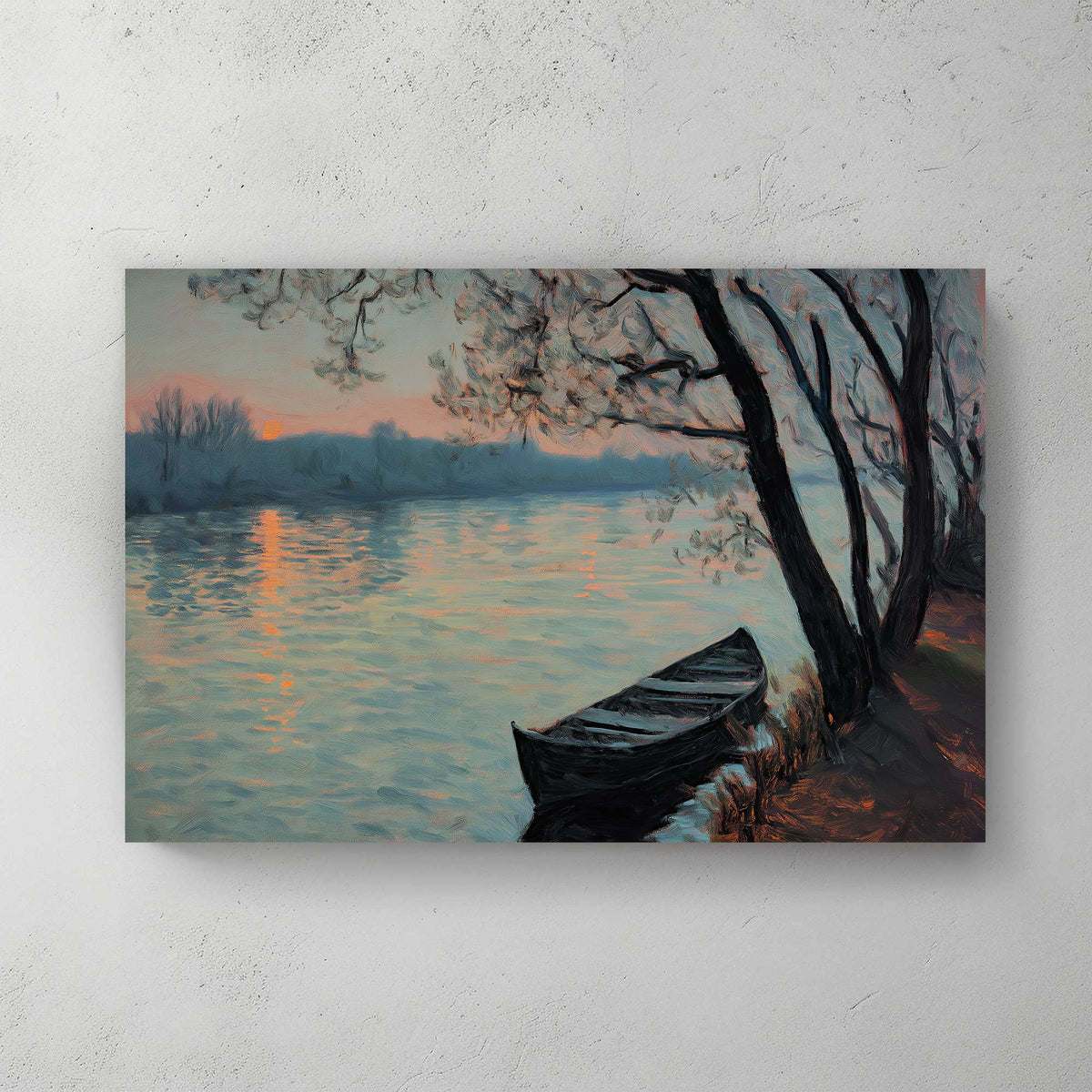 Impressionist wall art print with a boat on a serene river at twilight