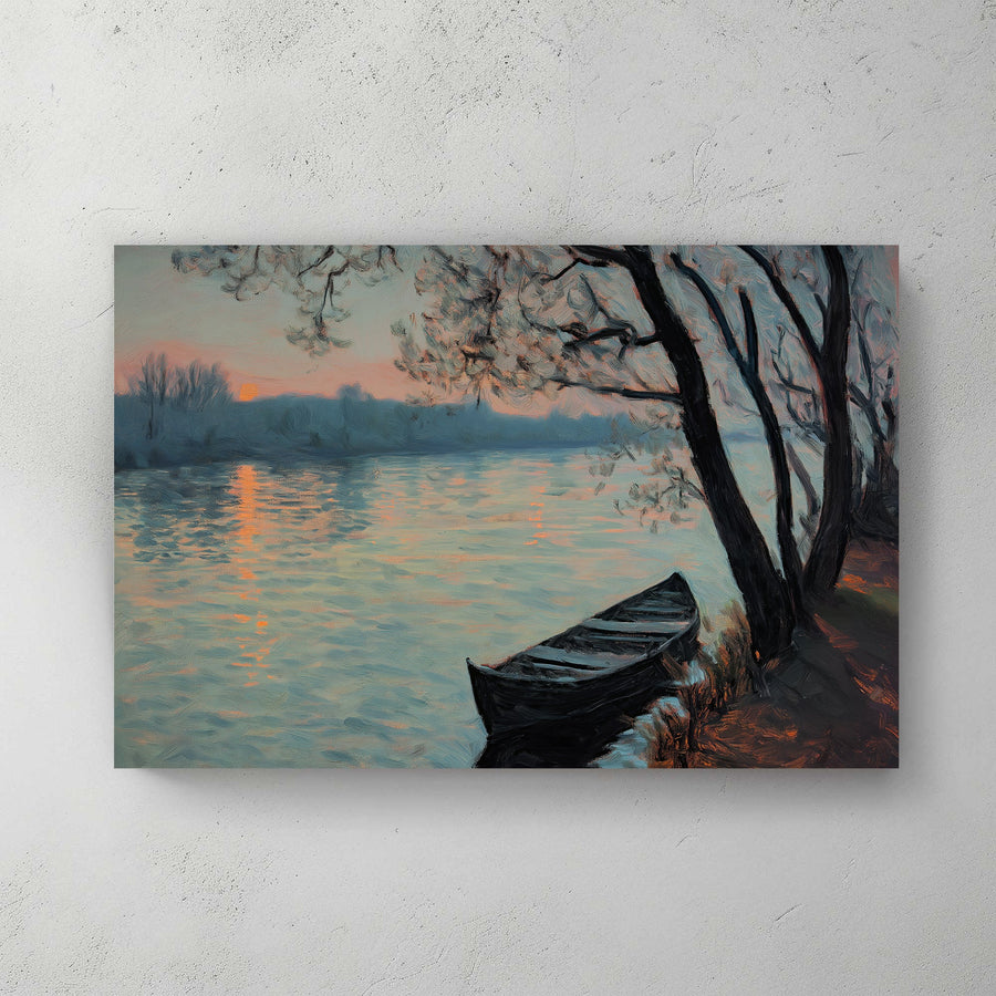 Impressionist wall art print with a boat on a serene river at twilight