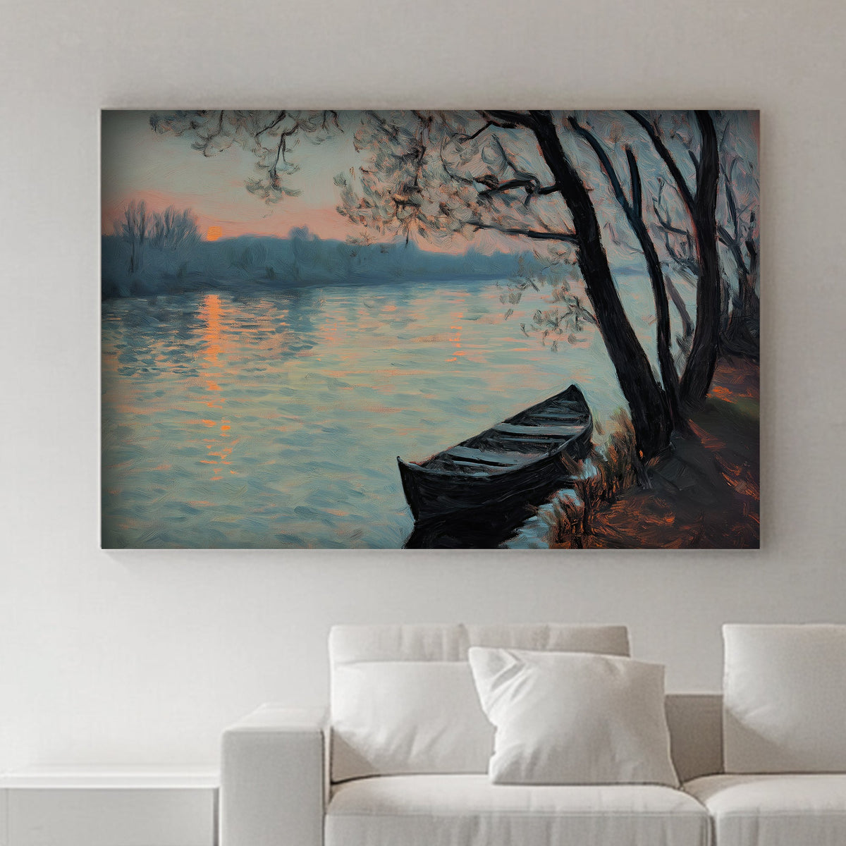 Impressionist wall art print with a boat on a serene river at twilight